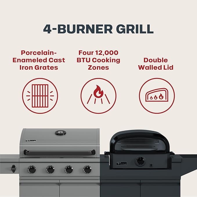 Tytus Anaheim 4-Burner Gas Grill with Prep Cart and Pizza Oven + Cover, Light, Pizza Tool Kit - Modular Outdoor Kitchen, Quick Assembly, Outdoor Cooking, Kitchen Island for BBQ