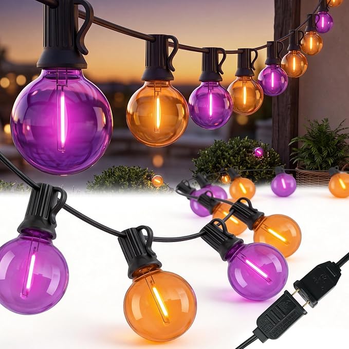 50FT Halloween String Lights Outdoor - G40 Purple and Orange String Lights | 25 Shatterproof LED Bulbs, IP65 Waterproof Dimmable Connectable Globe String Lights for Patio Porch Yard Decor