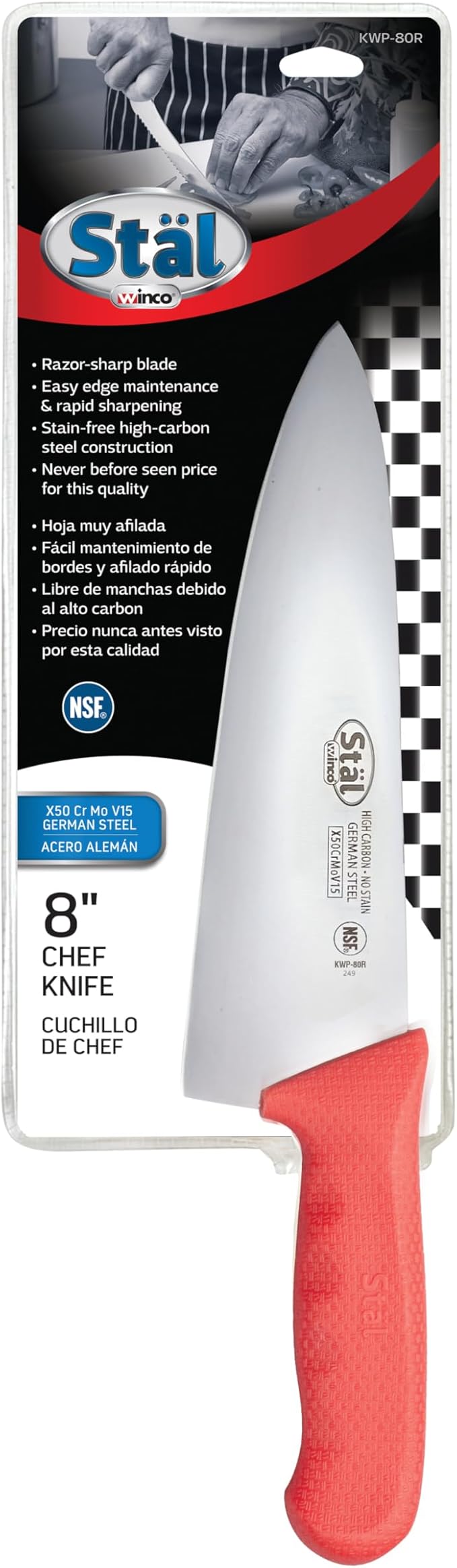 Winco 8" Red Chef's Commercial-Grade Knife | Razor sharp, Restaurant service, Great for Meat Prep, Vegetable Prep, Bread Service and Kitchen Prep