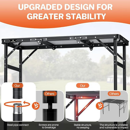 FUNYKICH 3ft Aluminum Folding Camping Table, 3 Height Adjustable Max 29.4" | 35.4''x15.7'' Tabletop, Ultralight Portable Design with Carry Handle for Car Travel, Camping, Backyard, Beach & Picnic, Balck