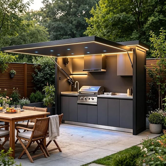 Outdoor Kitchen Pod with 6-Burner Gas Grill, Flip-Up Enclosure, Sink & Storage Cabinet, Prefab Modular Outdoor Kitchen BBQ Island for Patio, Backyard, Garden & Outdoor Cooking (ANTHRACITE)