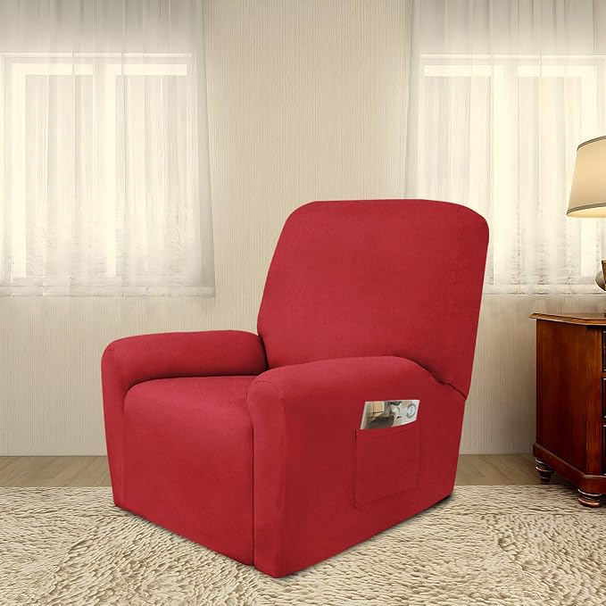 PureFit Stretc Recliner Chair Covers Fleece Soft Couch Covers for Sofa | Red 4-Pieces Recliner Slipcover Pocket Couch Protector, Fleece Sofa Cover Washable with Non Slip Elastic Bottom
