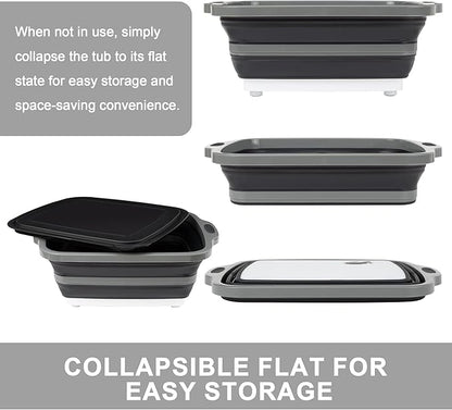 Collapsible Cutting Board with Container, Foldable Camping Sink with Colander, BBQ Prep Tub with Lid, Multifunction Dish Basin for Kitchen, Bowl, Vegetable and Fruit, 2.11 Gal/8L Storage Basket
