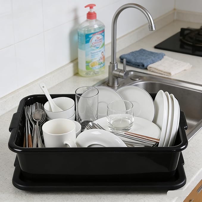 Pack of 3 Food Service Bus/Utility Tote Box with Lid, 13 L | Plastic Restaurant Dish Tub, Black Stackable Storage Bins for Restaurant Kitchen, Catering, and Cleaning Supplies