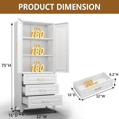 Polup Kitchen Pantry Cabinet, 75" Tall Pantry Cabinet with Three Drawers, Metal Storage Cabinets with Doors and Shelves, Freestanding Food Cupboard for Dining, Living Room, White, Assembly Required