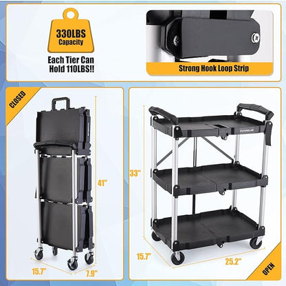 Portable Folding Service Cart - 3 Tier 330LBS Capacity - Rolling Utility Foldable Cart with Wheels for Warehouse Home Workshops Garages Restaurants Offices