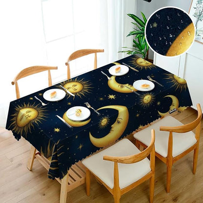 Swono Sun and Moon Table Cloth Gold Galaxy Sun Moon Rectangle Tablecloth Picnic Table Cover BBQ Table Cloths Polyester for Kitchen 50x72 Inch