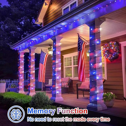 QITONG 4th of July String Lights Outdoor Waterproof, 66ft 200 LED Red White and Blue Patriotic Lights with Plug in, Green Wire Twinkle Tree Lights with 8 Modes