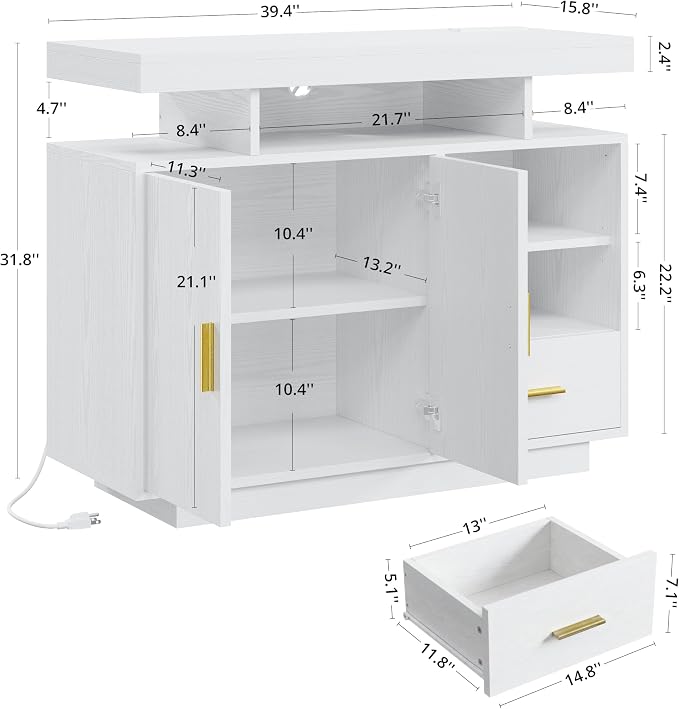 IRONCK Buffet Cabinet with Storage, Sideboard Cabinet with Outlet, White | Power Outlet with 3 AC Outlets and 2 USB Ports. Drawer, Door and Open Shelves. 60,000-color LED. Cable Management Hole.