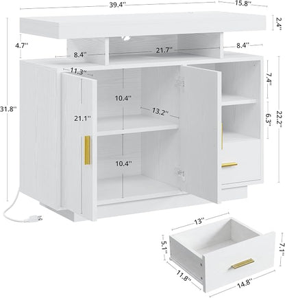 IRONCK Buffet Cabinet with Storage, Sideboard Cabinet with Outlet, White | Power Outlet with 3 AC Outlets and 2 USB Ports. Drawer, Door and Open Shelves. 60,000-color LED. Cable Management Hole.
