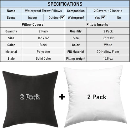 16 x 16 Inch Throw Pillow for Outdoor Seating, Waterproof Lumbar Pillows with Insert, Square Decorative Garden Cushion for Couch Patio Sofa Home Furniture (Black, 16" x 16" (Pack of 2))