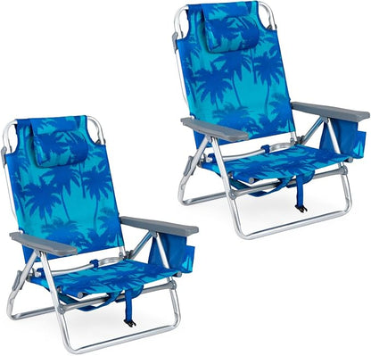 GYMAX Beach Chairs, Backpack Camping Chair | with Armrest, Cooler Bag, Cup Holder & Towel Bar, Sunbath Tanning Lounge, Folding Layout Chair (Without Table, Coconut Tree)