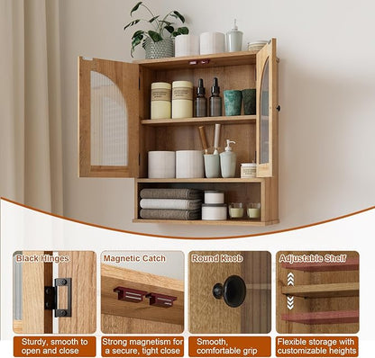 Bathroom Wall Cabinet, Bathroom Storage Cabinet Over Toilet, Medicine Cabinet with Arched Glass Doors & Adjustable Shelves, Wall Mounted Bathroom Cabinet with Open Storage Shelf, Natural
