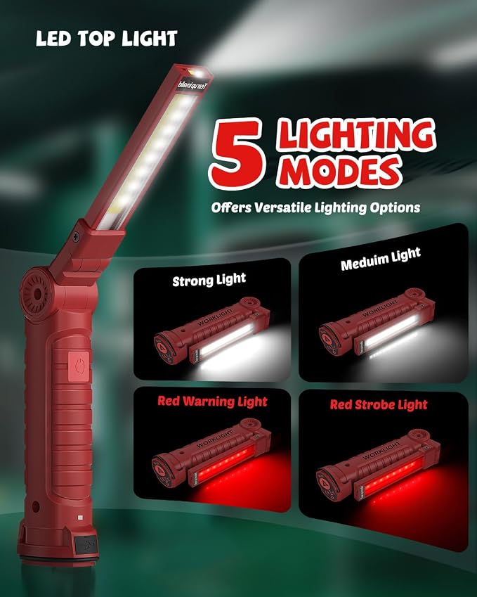 Coquimbo Tools Gifts for Men Dad Husband, Rechargeable LED Work Light Grill Accessories Magnetic Flashlight with Hanging Hook 5 Modes 360° Rotate Birthday Gifts for Him Grandpa (2 Pack Red)