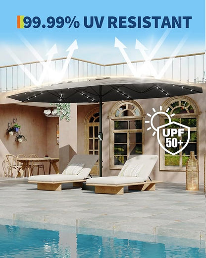 GarveeLife 15 ft Large Patio Umbrella with Lights, 36 LED Lights Double-sided Patio Umbrella with Weighted Base for Poolside Garden Backyard