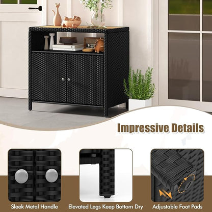 Wicker Outdoor Storage Cabinet, Rattan Patio Bar Table with Acacia Wood Countertop, Open Compartment & 2 Doors, Outdoor Buffet Cabinet Sideboard for Poolside, Garden, Backyard (Black)