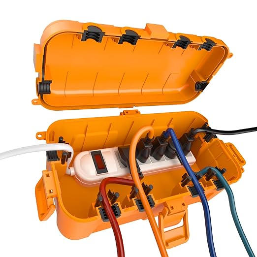Flemoon Medium Outdoor Electrical Box (11.5x5.2x4 inch), IP54 Waterproof Extension Cord Cover w/6 Cable Entry Ports, Weatherproof Connection Box for Power Strip, Timer, Holiday Lights, Orange