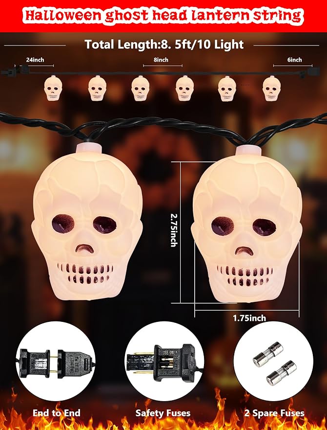 8.5Ft Halloween White Skull String Lights Outdoor, Halloween Decoration String Lights with 10 LED Skeleton Lights Waterproof, Hanging Holiday Lights for Indoor/Outdoor Yard Porch Patio Party Decor