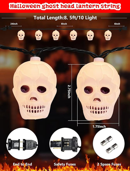 8.5Ft Halloween White Skull String Lights Outdoor, Halloween Decoration String Lights with 10 LED Skeleton Lights Waterproof, Hanging Holiday Lights for Indoor/Outdoor Yard Porch Patio Party Decor