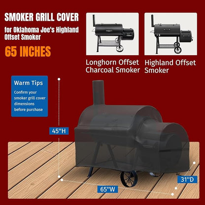 SHINESTAR 600D Oxford Grill Cover for Oklahoma Joe's Highland Offset | Premium Smoker Cover Waterproof & Heavy Duty for Oklahoma Joe's Charcoal Offset Smoker, 65"L x 31" W x 45" H