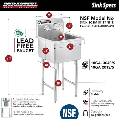 DuraSteel 304 Commercial Stainless Steel Utility Sink - 18 Inch Tub Freestanding Prep Kitchen Sink w/Faucet - NSF Hand Wash Station for Kitchen Sinks, Outdoor, Laundry Room, Garage Small Kitchenette