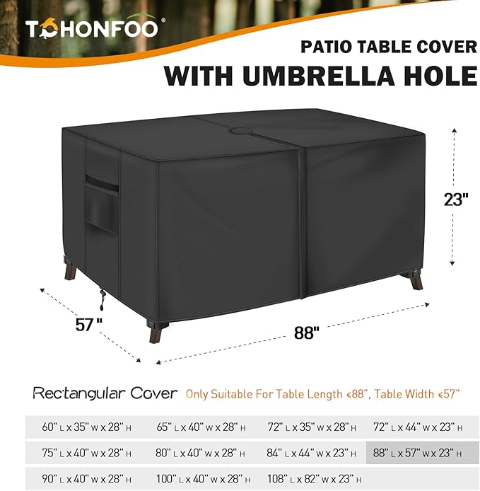 Rectangle Patio Table Cover with Umbrella Hole - 88"L x 57"W x 23"H (COVER SIZE，NOT TABLE SIZE) Heavy Duty Waterproof 600D Oxford Fabric Outdoor Lawn Patio Furniture Covers
