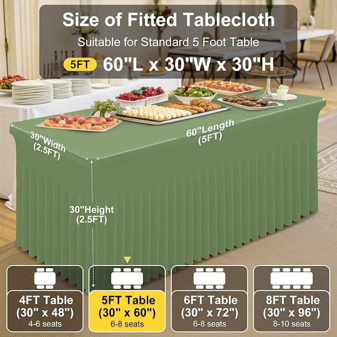Smiry Spandex Elastic Fitted Table Cloth Skirt for 5FT Rectangle Table | Stretch Washable Table Cloth, Banquet Table Cover for Wedding, Party, Indoor & Trade Shows, (Sage Green, 60Lx30Wx30H)
