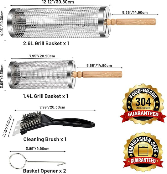 Rolling Grill Basket 2-Pack, Upgraded Rotating BBQ Basket for Outdoor Grill, Larger Capacity 304 Stainless Steel, Easy Clean with Cleaning Brush, Quick Grilling for Veggies, BBQ Accessories
