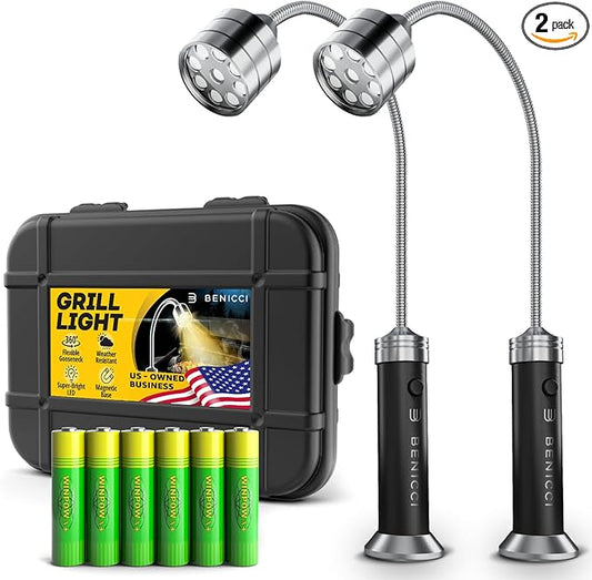 Flexible LED BBQ Grill Lights Set of 2 - Perfect Grilling Accessories Light with 360-Degree Magnetic Base and Extra Long Gooseneck - 100% Portable Outdoor Lamp w/ 6 Batteries Included