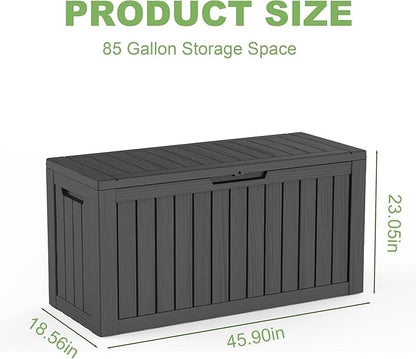 Waterproof Outdoor Storage Box, 85 Gallon Lockable Deck Box, UV-Resistant Outside Storage Bin With Hydraulic Lid For Patio Furniture, Cushion Organizer, Garden Tools, Pool Accessories, Black