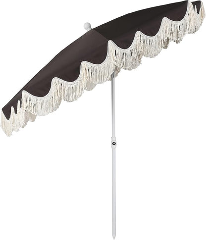 JONATHAN Y Mariner 6.5 ft. Solid Fringe Beach Umbrella, Black | Push-Button Tilt, UV 50 Protection, Matching Carry Bag, White Iron Pole, Wind Vent, Scalloped Round Canopy