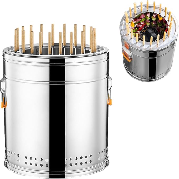 Stainless Steel Portable Vertical Charcoal Smoker Grill Barrel Grill with Wooden-Handled Steel skewers30, Outdoor Indoor Camping Smokeless Charcoal Barbecue Grill BBQ(Single,Small)