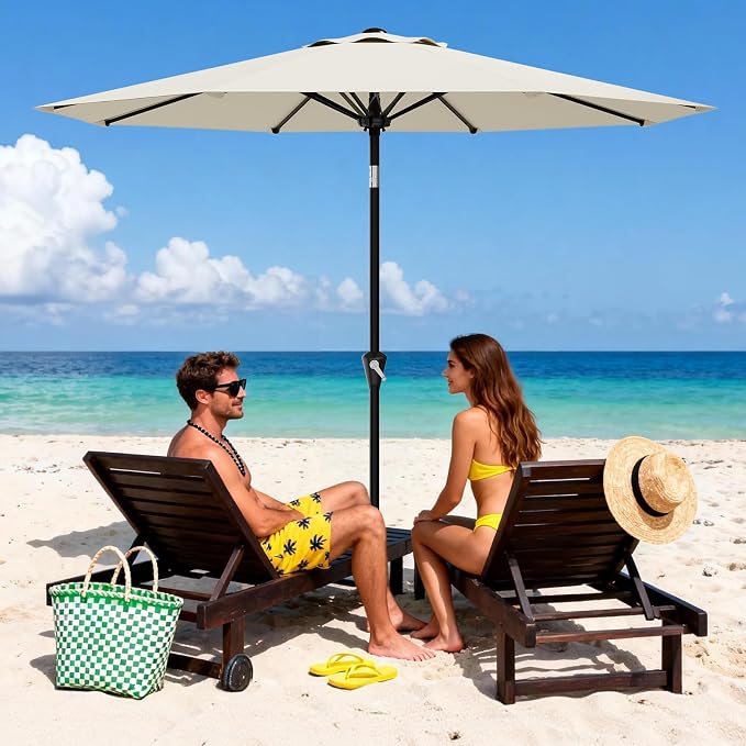 GarveeLife 9FT Patio Umbrella Outdoor, Market Umbrella, Table Umbrella with Push Button Tilt and Crank, 8 Sturdy Ribs UV Protection Waterproof for Garden, Pool, Deck, | Table Umbrella UV Protection Waterproof for Garden, Pool, Market, Deck (Beige White)