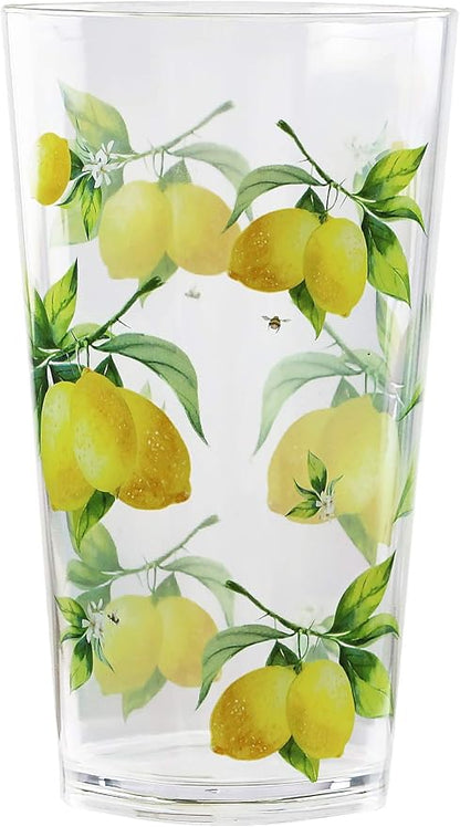 Reston Lloyd Calypso Basics Fresh Lemons 19 oz Acrylic Drinkware Set of 6 – BPA-Free, Indoor/Outdoor, Dishwasher Safe, Lemons with Bees