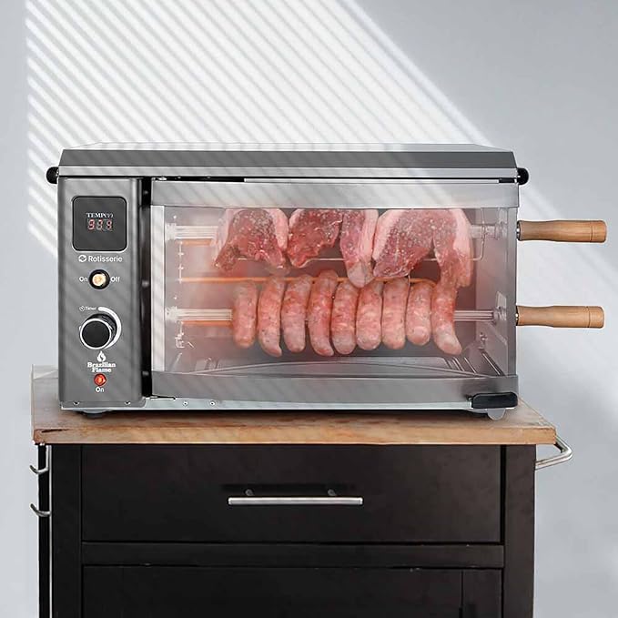 Brazilian Flame Indoor or Outdoor Rotisserie Grill Roaster with 2 Auto Rotating Skewers for Rotisserie Chicken, Steak, Fish, Brazilian Style BBQ, Electric Rotisserie Oven for Apartment or Home