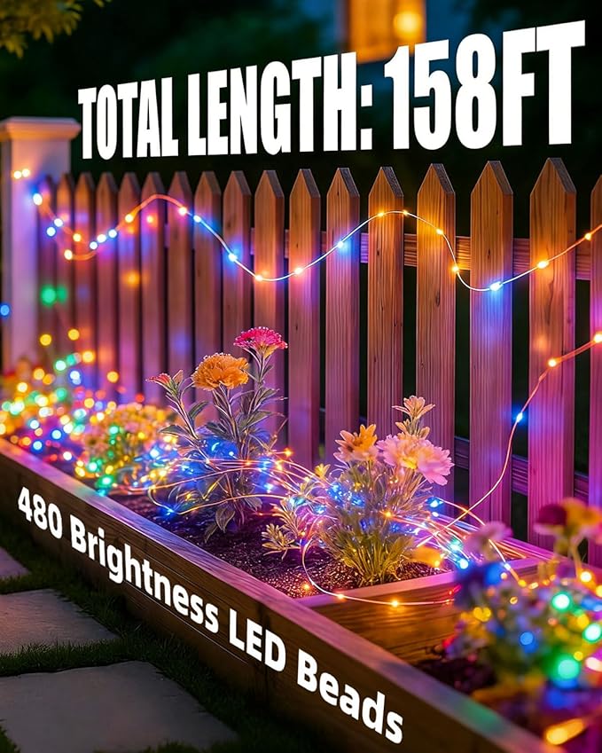 Solar Fairy String Lights 4 Pack Outdoor Remote Total 158FT 480LED Warm Multicolor 11 Mode Solar Powered Waterproof Copper Wire Twinkle String Light for Christmas Garden Tree Wedding Yard Decoration