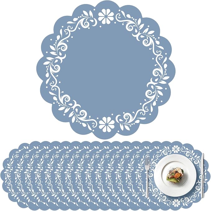 100 Pcs Blue Talavera Mexican Paper Placemats 13.5 Inch Cielito Lindo Party Decoration Disposable Scalloped Platos De Barro Mexicanos Paper Table Mat for Fiesta Wedding Baby Shower Party Decor