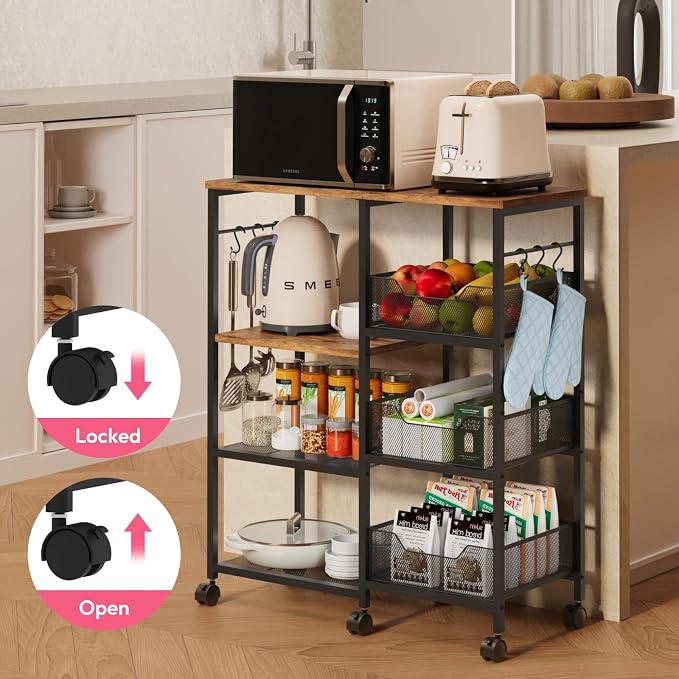 SWTYMIKI Kitchen Island Cart on Wheels - 4 Tier Rolling Kitchen Table Cart with Storage Shelves, 6 Removable Hooks& Locking Casters, Coffee Bar Cabinet for Dining Room Pantry Office, Espresso