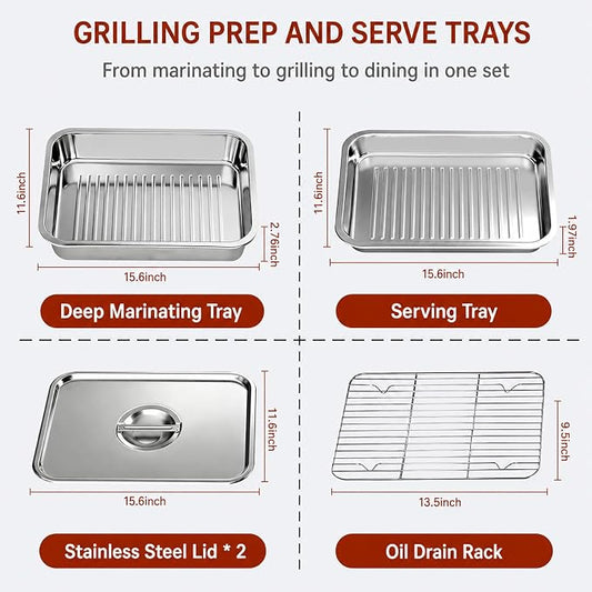 Grill Prep & Serve Tray Set with Lids 5-Piece Grill Carry System | Food Prep System for Marinating, Carrying & Serving, Stainless Steel BBQ Trays for Raw & Cooked Food Separation