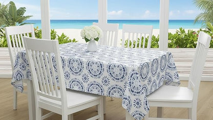 Newbridge Blue Tie Dye Vinyl Tablecloth, 60 x 102 Inch Rectangle – Flannel Backed Blue and White Table Cover for Dining, Picnics, BBQs, and Parties