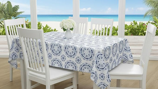Newbridge Blue Tie Dye Vinyl Tablecloth, 60 x 102 Inch Rectangle – Flannel Backed Blue and White Table Cover for Dining, Picnics, BBQs, and Parties