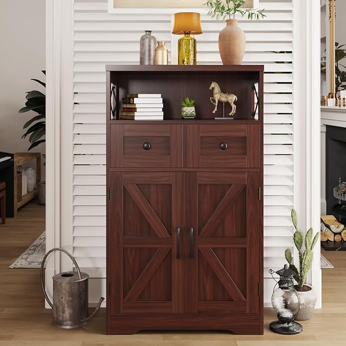 Befrases Dark Brown Storage Cabinet with Drawers and Shelves, Standing Kitchen Pantry Cabinet, Floor Storage Cabinet Hutch Cupboard, Coffee Bar Station for Dining Living Room Home Office
