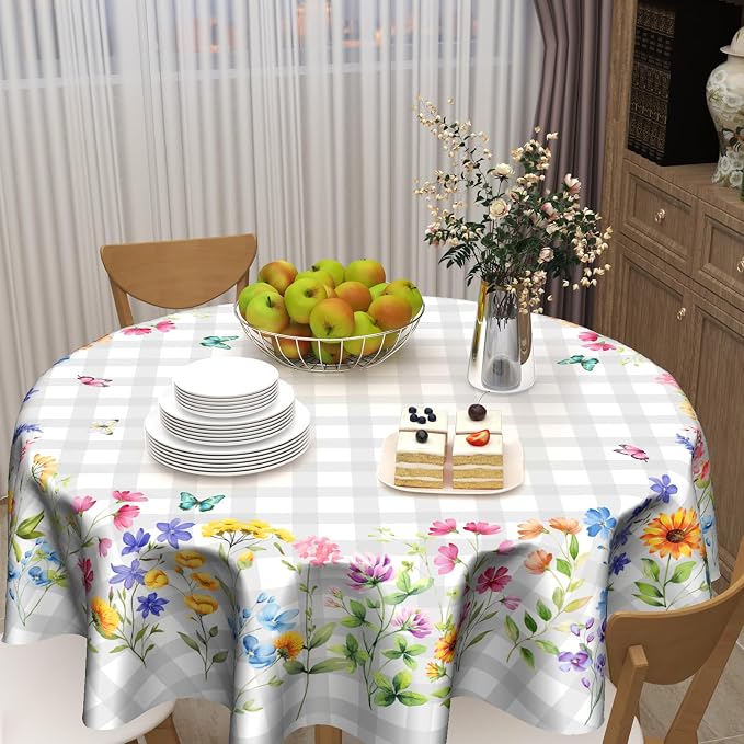 Sweetshow Spring Colorful Floral Table Cloth Round White Grey Buffalo Plaids Wildflower Butterflies Tablecloth 70 Inch Decor Washable Stain and Wrinkle Summer Round Table Cover for Dining Picnic