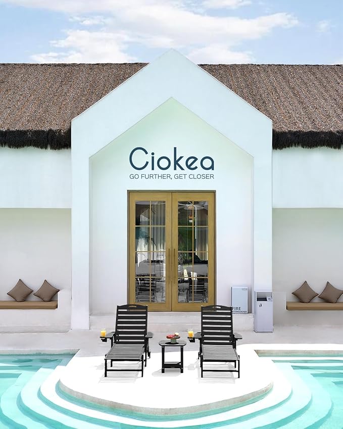 Ciokea Outdoor Chaise Lounge Chair Set of 2, Patio Lounge Chairs for Outside, HDPE Lounge Chairs with Wheels & Cup Holder, Poly Lounge Chair with 5 Position for Poolside, Deck, Black