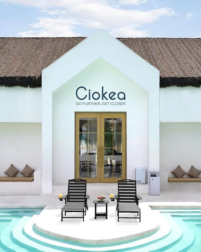 Ciokea Outdoor Chaise Lounge Chair Set of 2, Patio Lounge Chairs for Outside, HDPE Lounge Chairs with Wheels & Cup Holder, Poly Lounge Chair with 5 Position for Poolside, Deck, Black