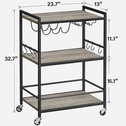 TUTOTAK Bar Cart with Wheels, Drink Cart with Wine Rack and Glass Holder | 3-Tier 23.7 Inch Wide Home Bar Serving Carts, Small Mobile Kitchen Shelf with 6 Hooks, Greige BC01BG030