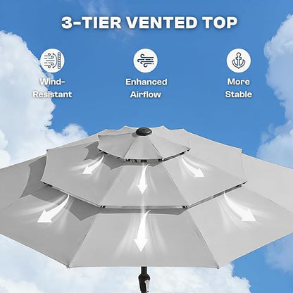 10ft 3-Tier Patio Umbrella with 32 Solar Powered LED Lights, Windproof Outdoor Market Umbrella for Deck, Poolside & Garden, Sturdy Push-Button Tilt Table Umbrella, Light Gray