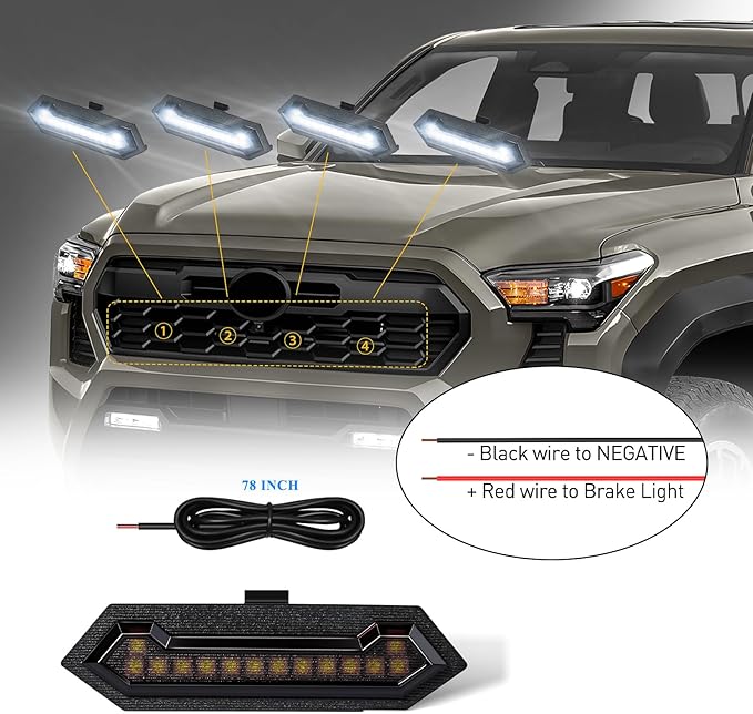 LED Grill Lights - 4PCS Front Grill Lights for Toyota Tacoma TRD Sport TRD Off-Road TRD Pre Runner 2024 2025 2026 with Fuse Adapter & Harness (White Light with Black Shell)