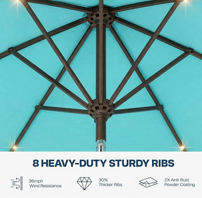 10FT Solar Patio Umbrella with Lights, Outdoor Table Market Umbrella with 32 LED Lights, 8 Sturdy Ribs, Push Button Tilt and Crank for Pool, Deck and Garden, UV-Resistant