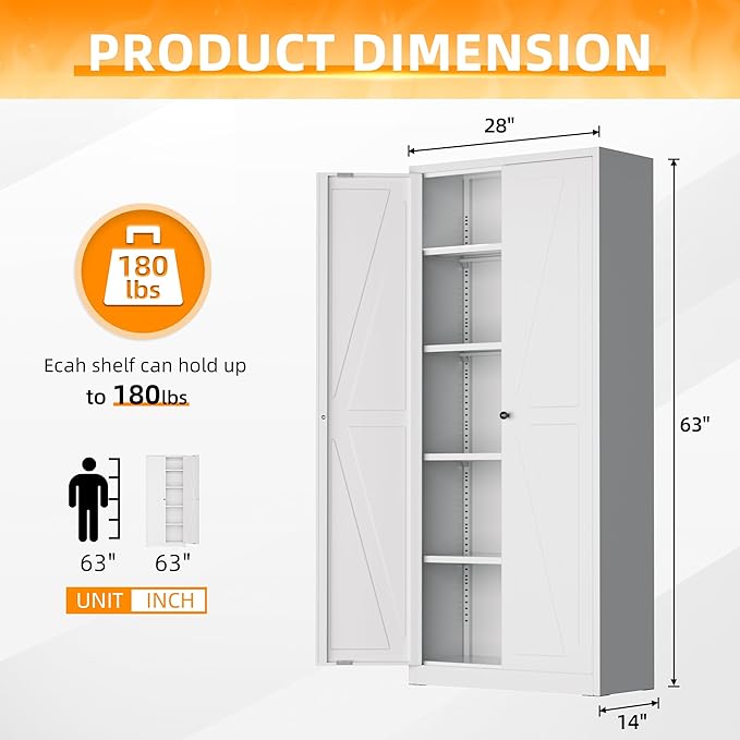 INTERGRAET 63" H Pantry Cabinet, Kitchen Pantry Storage Cabinet with 2 Doors and 4 Adjustable Shelves, White Metal Storage Cupboard for Home, Kitchen, Living Room
